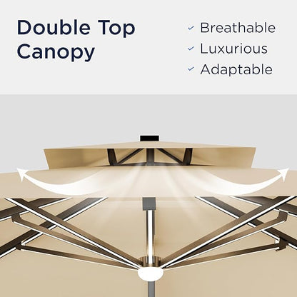 10x10 FT Cantilever Patio Umbrella with Led Lights Double Top Outdoor Square Heavy Duty Offset Umbrellas 360°Rotation Free-motion Track Tilt Windproof for Pool Deck Garden, Beige
