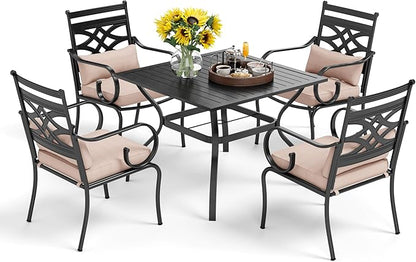 PHI VILLA 5 Pcs Patio Dining Set,Outdoor Table Chair Set for 4 with Outdoor Chairs and Metal Frame Steel Square Table,Outdoor Dining Furniture with Cushion and Pillow for Garden Lawn Deck