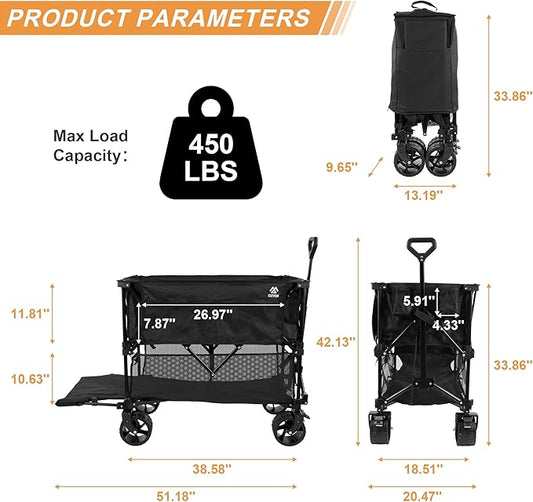 Elevon Collapsible Foldable Wagon, Grocery Beach Cart Large Capacity 450LBS, All Terrain Heavy Duty Cart with Wheels & Drink Holders, Collapsible Wagon Portable for Outdoor Beach Gardening Shopping
