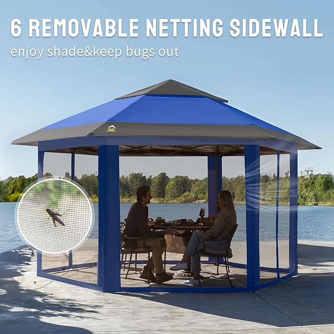CROWN SHADES 12x12 Pop up Gazebo with Mosquito Nettings, Patented Center Lock 6-Sided Portable Gazebo, 300D Silver-Coated Fabric UV Resistant, Pop Up Canopy Tent for Patio, Party, Blue&Light Grey