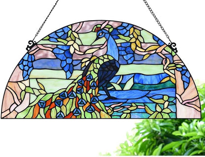Bieye W10093 Peacock in Garden Tiffany Style Stained Glass Window Panel for Home Decor (Blue, 24Wx12H Half-Round)