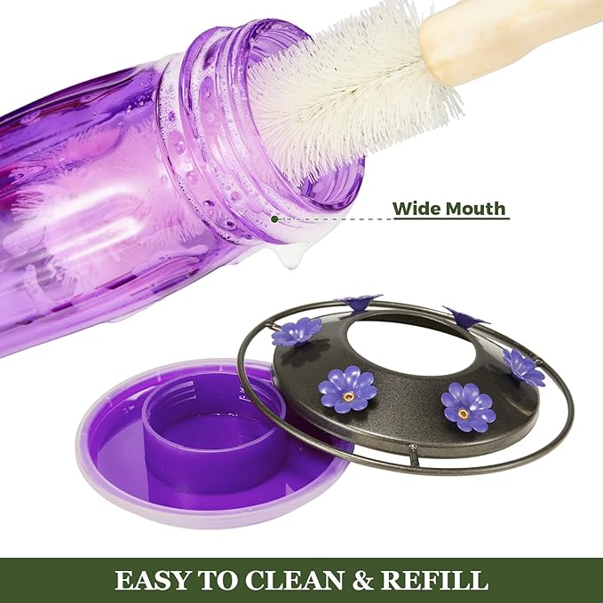 Kingsyard 2 Pack Glass Hummingbird Feeder for Outdoors, 16 Oz Wild Bird Feeder with 6 Feeding Ports Hanging for Garden Yard, Purple (Ant Moat Included)