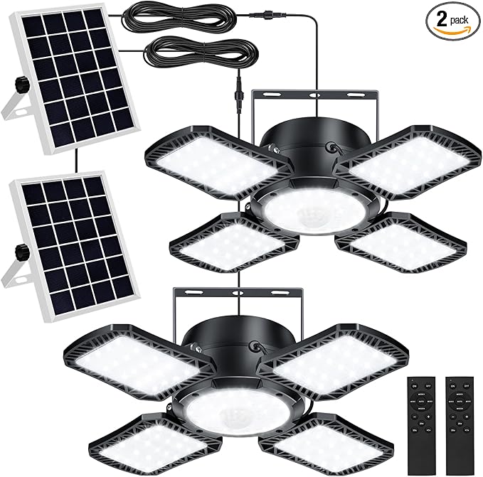 Aqonsie Solar Shed Light Outdoor Indoor, 176LED Solar Powered Motion Sensor Pendant Light Daytime Available, Solar Indoor Lights with 5 Lighting Modes & Remote for Shed Gazebo Barn Garage, 2 Pack