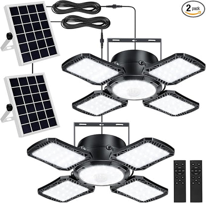 Aqonsie Solar Shed Light Outdoor Indoor, 176LED Solar Powered Motion Sensor Pendant Light Daytime Available, Solar Indoor Lights with 5 Lighting Modes & Remote for Shed Gazebo Barn Garage, 2 Pack