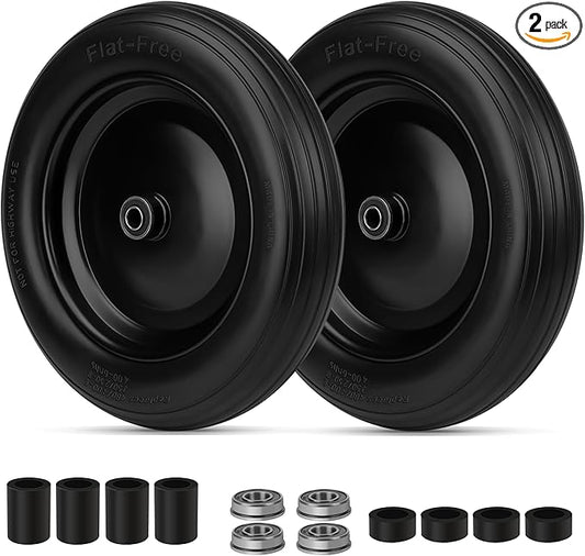 4.80/4.00-8 Flat Free Wheelbarrow Tire with 5/8 & 3/4 Bearing 3" -7" Centered Hub for Garden Cart Ribbed Tread Foamed Polyurethane Tire by NISHCON - 2 Pack