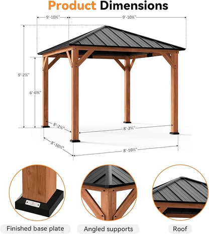 Modern Shade Tranquil Grove Wood Gazebo 10' x 10', Permanent Grill Gazebo with Galvanized Steel Hardtop Roof, Cedar Framed Wooden Pavilion for Garden, Backyard