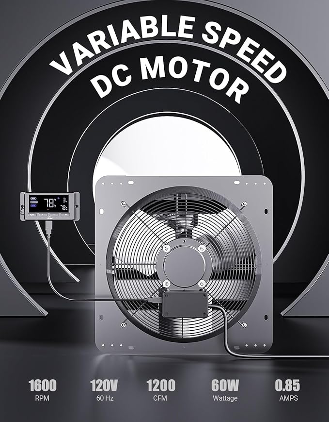 iLiving 14" Wall Mounted Shutter Exhaust Fan, Automatic Shutter, Temperature and Humidity Controls with Variable Speed, 1200 CFM at 1600 RPM DC Motor