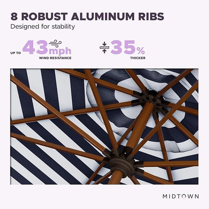 Midtown Umbrellas Wooden 2-8 Feet Outdoor Patio Umbrella, Terylast Navy & White Stripes Fabric, Aluminum Frame For Backyard Umbrella, Deck Umbrella, Garden Umbrella & Pool Umbrella - Wooden Pole