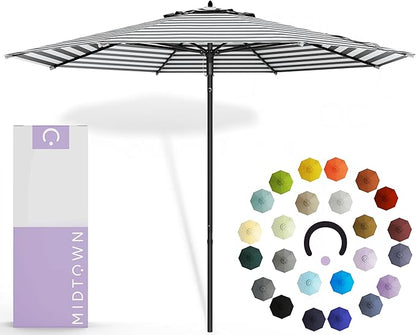 Midtown Umbrellas Push and Pop 10 Feet Outdoor Umbrella, Black/White Stripes Polyester Fabric - Fiberglass Ribs Deck Patio Umbrella, Backyard Umbrella, Garden Umbrella & Pool Umbrella - Black Pole