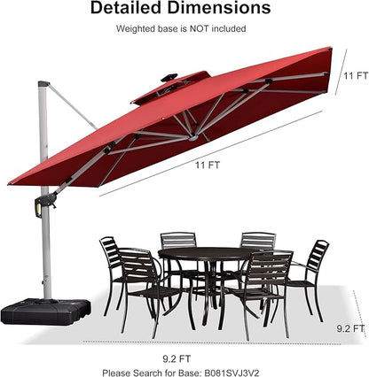 PURPLE LEAF 11 Feet Double Top Deluxe Solar Powered LED Square Patio Umbrella Offset Hanging Umbrella Outdoor Market Umbrella Garden Umbrella, Terra