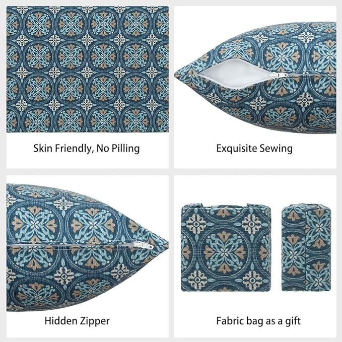 Magpie Fabrics Pack of 2 Indoor Outdoor Waterproof Throw Pillow Covers 18 x 18 Inch, Decorative Pillowcase Shell Cushion Sham for Garden Patio Tent Balcony Couch Sofa(Morgan Medal Print)