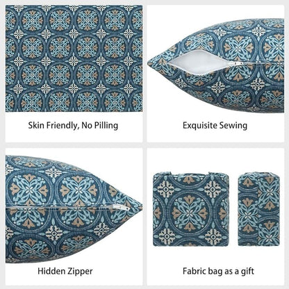 Magpie Fabrics Pack of 2 Indoor Outdoor Waterproof Throw Pillow Covers 18 x 18 Inch, Decorative Pillowcase Shell Cushion Sham for Garden Patio Tent Balcony Couch Sofa(Morgan Medal Print)