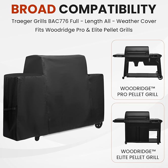 BAC776 Grill Cover for Traeger Woodridge Pro & Elite - 600D Heavy Duty Polyester Cover, BBQ Cover with Special Anti-Fading and UV Protection Propertie, Waterproof Outdoor Replacement (Black)