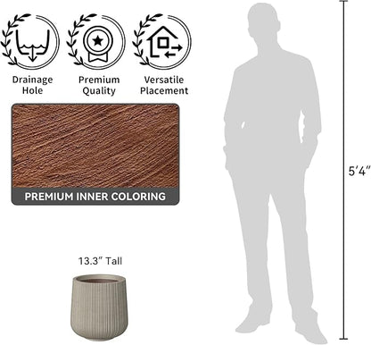 Kante 13.0" Dia Round Fluted Concrete Planter, Large Plant Pot with Drainage, Smooth Weathered Concrete Finish with Warm Brown Interior, for Indoor and Outdoor Use