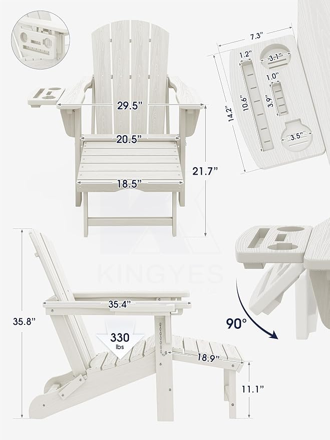 KINGYES Adjustable Folding Adirondack Chair with Footrest & 4-in-1 Multi-Functional Armrest Organizer Set of 2, HDPE Foldable Reclining Adirondack Chair with Pull-Out Ottoman, White