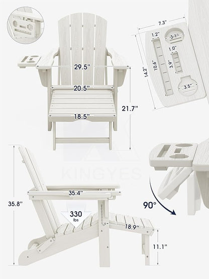 KINGYES Adjustable Folding Adirondack Chair with Footrest & 4-in-1 Multi-Functional Armrest Organizer Set of 2, HDPE Foldable Reclining Adirondack Chair with Pull-Out Ottoman, White