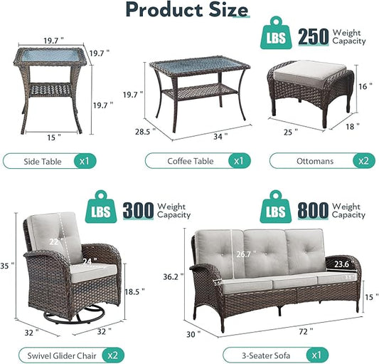 7 Piece Patio Furniture Set - Wicker Patio Conversation Set with Swivel Glider, 3 Seat Sofa, 2 Ottomans, Glass Side Table and Coffee Table for Deck Backyard - Brown Wicker Beige Cushion