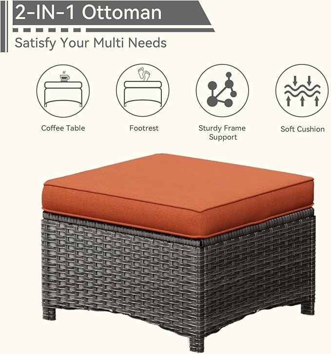 5 Pieces Patio Conversation Set, Wicker Chairs Set of 2 and Two Ottomans with 3.5-inch Seat Cushions, 1 Side Table High Back and Curved Armrest for Backyard, Balcony and Deck, Orange
