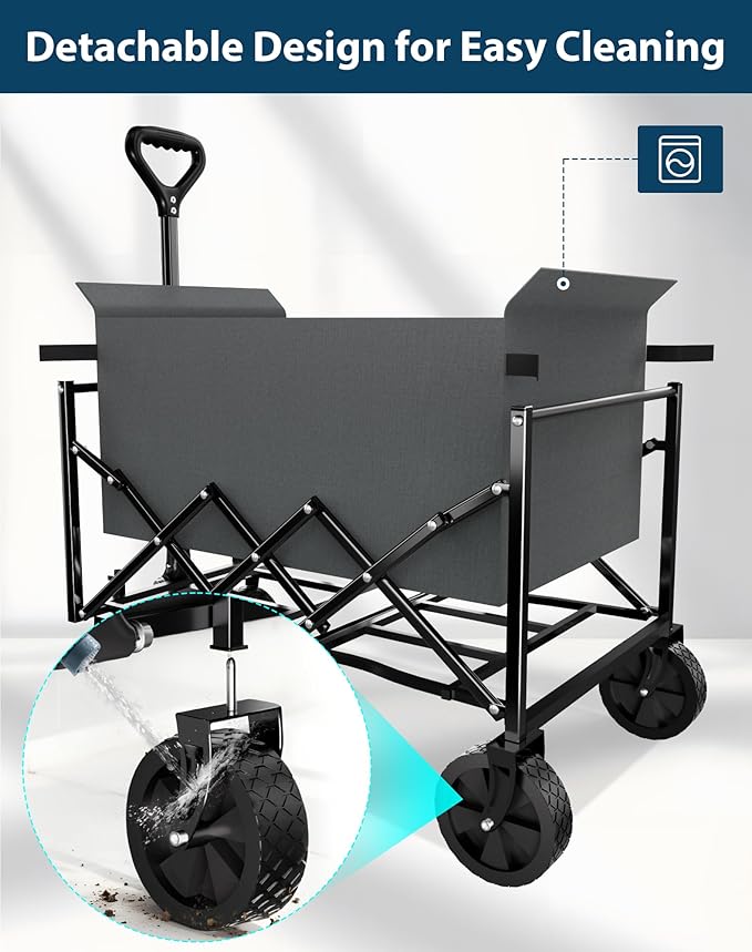 Lightweight Folding Wagon, Large Capacity Collapsible Grocery Cart on Big Wheels, Heavy Duty Foldable Shopping Carts, All-Terrain Outdoor Utility Carts, 4.5 Cu Ft, Grey