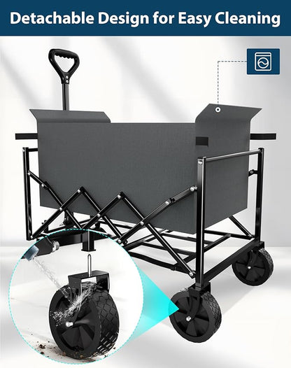 Lightweight Folding Wagon, Large Capacity Collapsible Grocery Cart on Big Wheels, Heavy Duty Foldable Shopping Carts, All-Terrain Outdoor Utility Carts, 4.5 Cu Ft, Grey