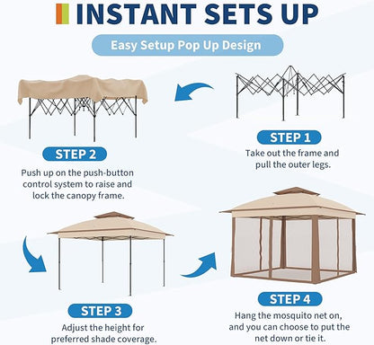 11x11 Pop Up Instant Gazebo Tent for Backyard, Pop Up Gazebo With Mosquito Netting, Outdoor Canopy Gazebos Waterproof With Portable Carrying Bag