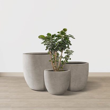 Kante 20",16.5",13.4" Dia Round Concrete Planters (Set of 3), Outdoor Indoor Modern Decorative Plant Pots with Drainage Hole & Rubber Plug for Home & Garden, Weathered Concrete