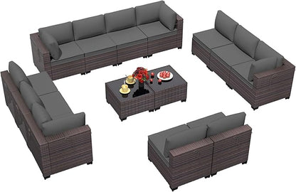 Outdoor Patio Furniture Set, 14 Pieces Outdoor Furniture All Weather Patio Sectional Sofa PE Wicker Modular Conversation Sets with Coffee Table,12 Chairs & Seat Clips(Grey)