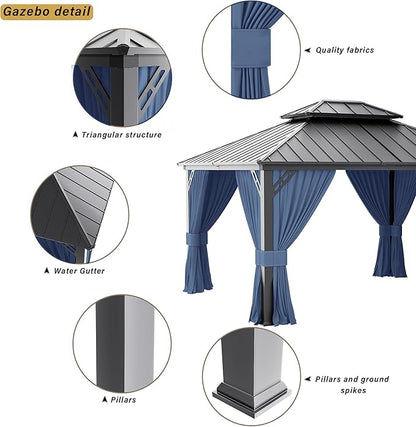 12’x14’ Hardtop Gazebo Outdoor Aluminum Frame Permanent Gazebo Galvanized Steel Double Roof Pergola with Nettings and Curtains for Patio, Lawns,Backyard, Deck(Navy)