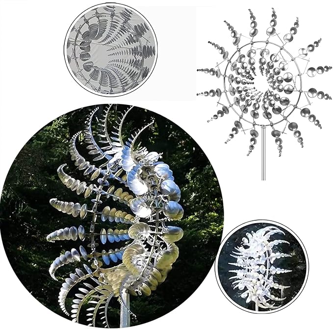 2Pcs Unique Fantasy Metal Windmill, 3D Wind Powered Kinetic Sculpture, Dual-Tiered Opposite-Directional Rotation, Stainless Steel Wind Spinners, Silver