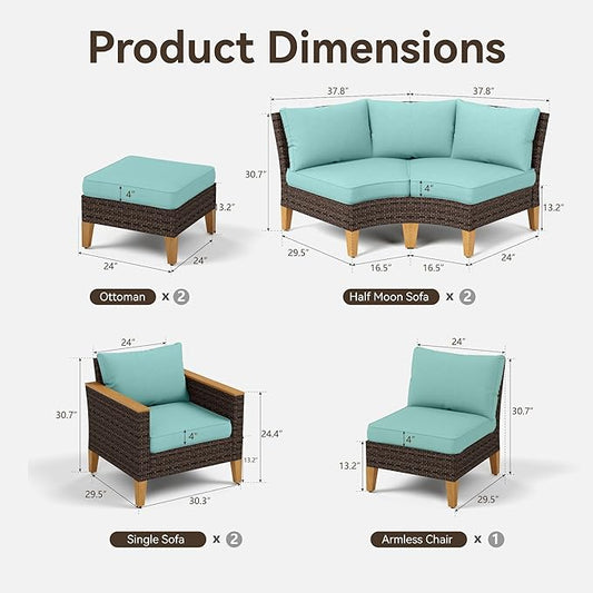 GREEN PARTY 9 Pieces Wicker Patio Furniture Set, All-Weather Outdoor Rattan Half-Moon Curved Patio Sectional Sofa Conversation Set 9 Seats with 4" Thick Cushions for Backyard, 2 x Ottomans (Blue)