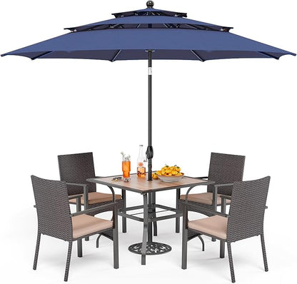 PHI VILLA 5 Pieces Outdoor Dining Set with Umbrella for 4, 37" Square Metal Polywood Table & Cushioned Wicker Rattan Chairs & 10ft Red Umbrella Furniture for Patio, Deck, Yard, Porch