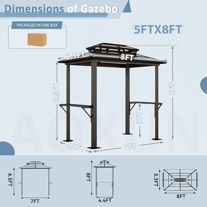 Aoxun Grill Gazebo 8 x 5FT, Outdoor Barbecue Gazebo with Double Polycarbonate Top, Aluminum Grill Canopy with Shelves for Patio, Garden, Lawn