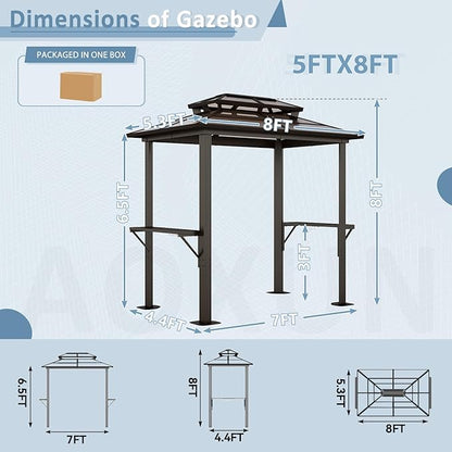 Aoxun Grill Gazebo 8 x 5FT, Outdoor Barbecue Gazebo with Double Polycarbonate Top, Aluminum Grill Canopy with Shelves for Patio, Garden, Lawn