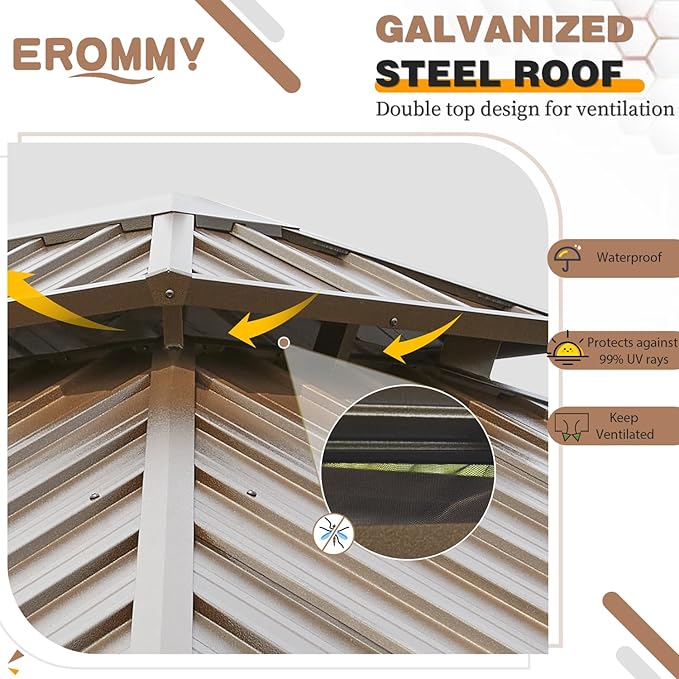 EROMMY 12'x18' Hardtop Gazebo,Galvanized Steel Double Roof Metal Gazebos with Curtain and Netting, Brown Permanent Pavilion Canopy with Aluminum Frame for Patios,Gardens,Lawns