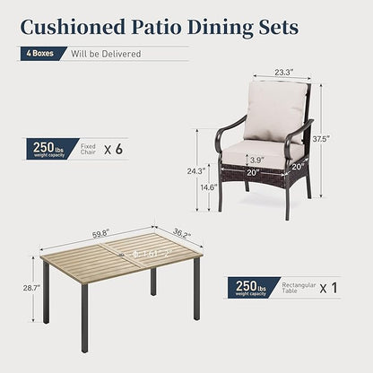 7 Piece Patio Dining Sets for 6, Outdoor Table and Chairs with Cushioned Wicker Patio Dining Chairs & Wood-Like Dining Table (1.61-2”Umbrella Hole), Outdoor Dining Sets for Backyard