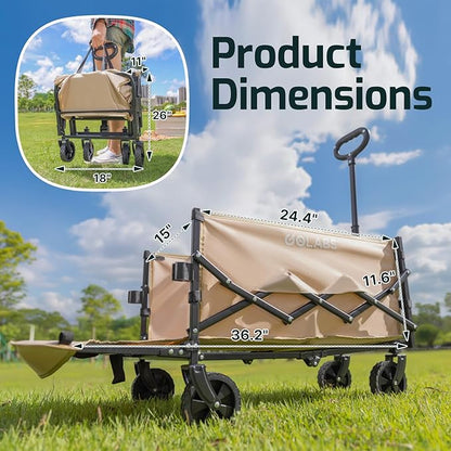 Golabs Collapsible Wagon Cart Max 350lb Load & Expandable Storage 100L, Double Bearing Design for Flexible Steering, Foldable Heavy Duty Garden Cart with 2 Cup Holders for Groceries, Garden & Camping