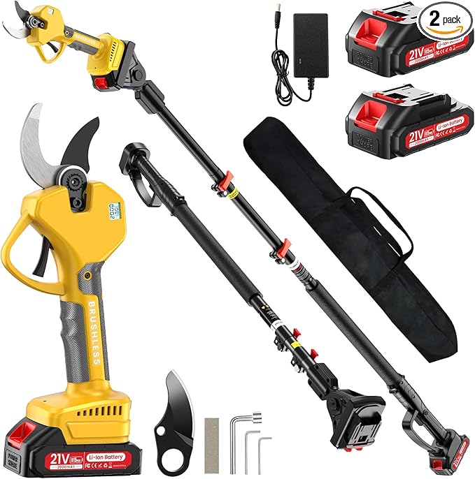 2-in-1 Pole Pruning Shears, 2.0 Inches Cutting Diameter Cordless Electric Pole Pruners - Brushless Motor, 2.0Ah*2 Batteries, SK7 Blade, 8.7FT Adjustable Branches Cutter for Tree Trimming