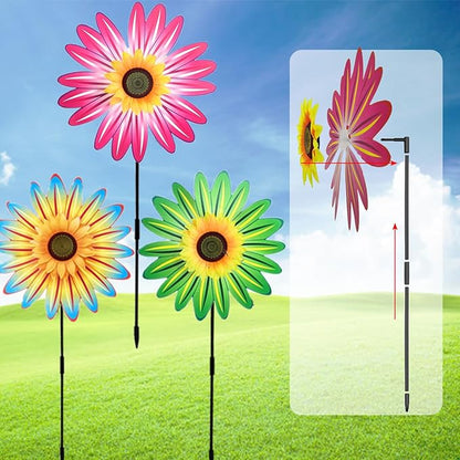 3PCS Sunflower Pinwheels Outdoor Wind Spinners, Colorful Flower Windmill Decorative Pinwheel for Garden, Yard, Party Outdoor Decor(Green, Blue, Pink)