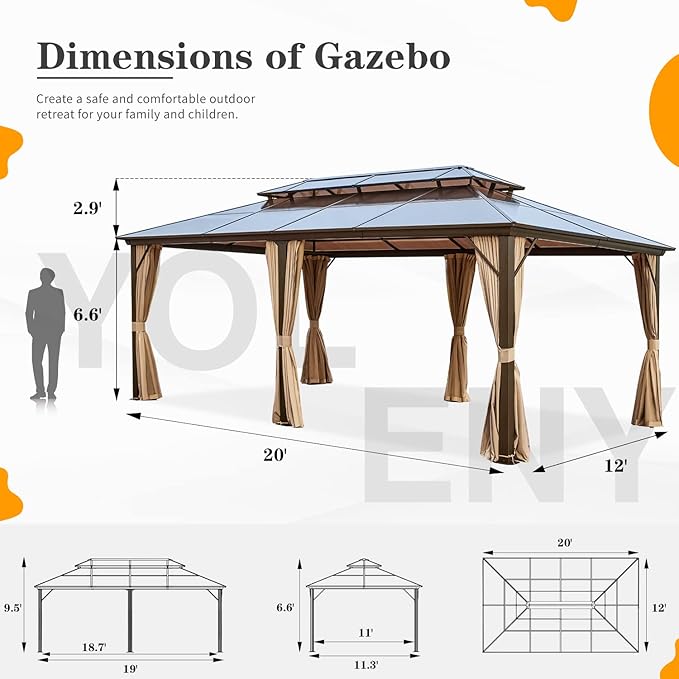 YOLENY 12'x20' Hardtop Gazebo, Outdoor Polycarbonate Double Roof Canopy, Aluminum Frame Permanent Pavilion with Curtains and Netting, Sunshade for Garden, Patio, Lawns