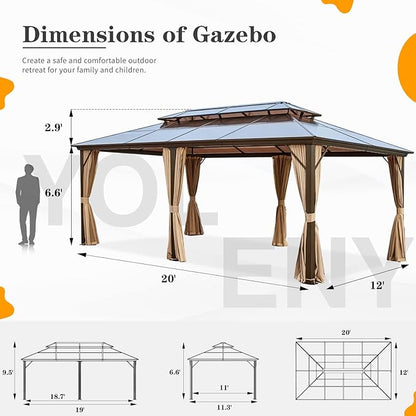 YOLENY 12'x20' Hardtop Gazebo, Outdoor Polycarbonate Double Roof Canopy, Aluminum Frame Permanent Pavilion with Curtains and Netting, Sunshade for Garden, Patio, Lawns