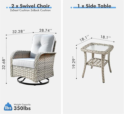 Outdoor Swivel Rocker Patio Chairs with Side Table,Wicker Swivel Rocking Chair Set of 2,3PCS High Back Wicker Patio Furniture Set Glider Chairs for Porch, Balcony, Deck,Yard,Grey