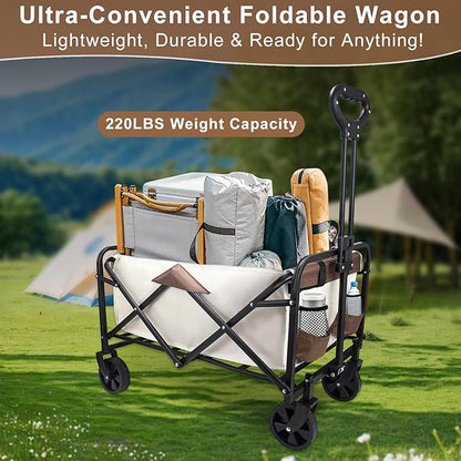 Heavy-Duty Collapsible Wagon Cart with Wheels, Lightweight Foldable Utility Cart with Adjustable Handle for Outdoor Use – Ideal for Grocery Shopping, Camping, Sports, Fishing, and More (Khaki)