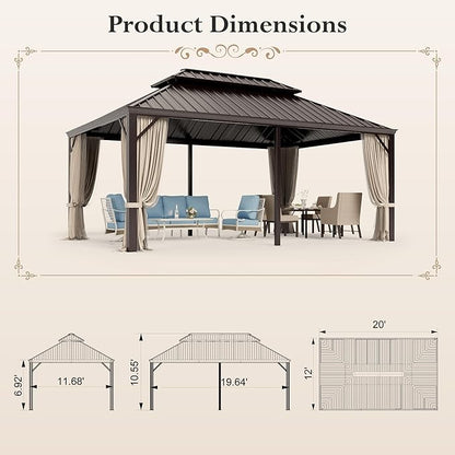 HERA'S HOUSE 12’x20’ Hardtop Gazebo Canopy, Outdoor Galvanized Steel Double Roof Gazebo, Aluminum Frame Pavilion with Netting and Curtains for Patio Lawn Backyard Deck Garden