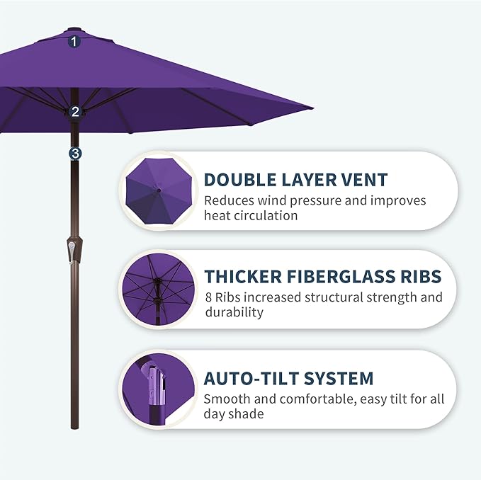 PatioKingdom Auto-Tilt 9FT Patio Umbrella Outdoor with 8 Sturdy Fiberglass Ribs,Market Table Umbrella for Pool,Backyard,Deck and Garden
