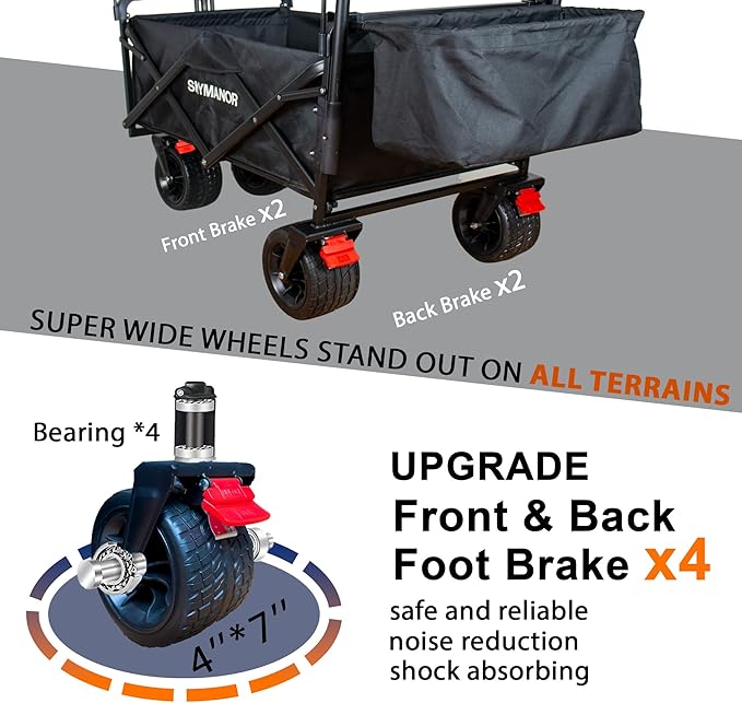 SKYMANOR Collapsible Wagon Folding Garden Cart with Removable Canopy Utility Wagon Cart with All-Terrain Wheels Brake Beach Cart for Sand Heavy Duty Beach Wagon for Camping Shopping (Black)