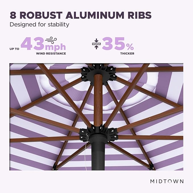 The Wooden 10 Feet Outdoor Umbrella With Terylast Midtown Stripes (Purple/White Stripes) Polyester Fabric - Aluminum Frame Patio Umbrella With Push System For Deck, Garden, Pool - Wooden Pole