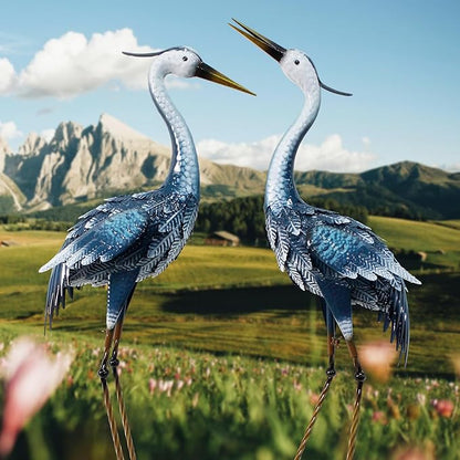 33-35 Inch Blue Heron Garden Statues for Outside, Metal Cranes for Yard Outdoor Decor, Standing Bird Sculptures for Patio, Lawn, and Backyard, Garden Sculptures & Statues, Set of 2