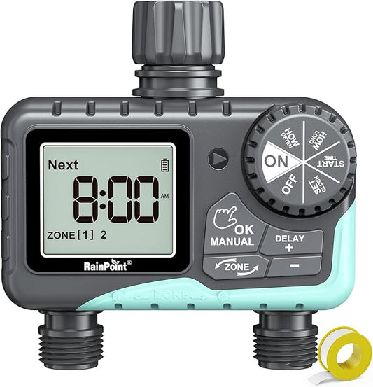 RAINPOINT Sprinkler Timer 2 Outlet, Water Timer for Garden Hose, Programmable Drip Irrigation Timer for Yard Outdoor Watering, Rain Delay/Manual/Automatic System Controller 2.5" LCD, V2, 2023 Release