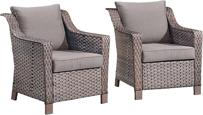 Outdoor Wicker Chair Set of 2-Outdoor Patio Chairs with Deep Seating Patio Dining Chairs for Deck Balcony Poolside Backyard-Brown/Grey