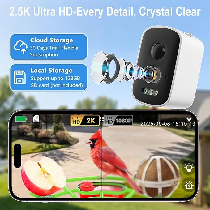 Smart Bird Feeder with Camera – 2K Live View, AI Bird Recognition, Squirrel-Proof, Dual Solar Roof, 5dB Antenna, Instant Alerts for Nature & Wildlife Lovers, Green